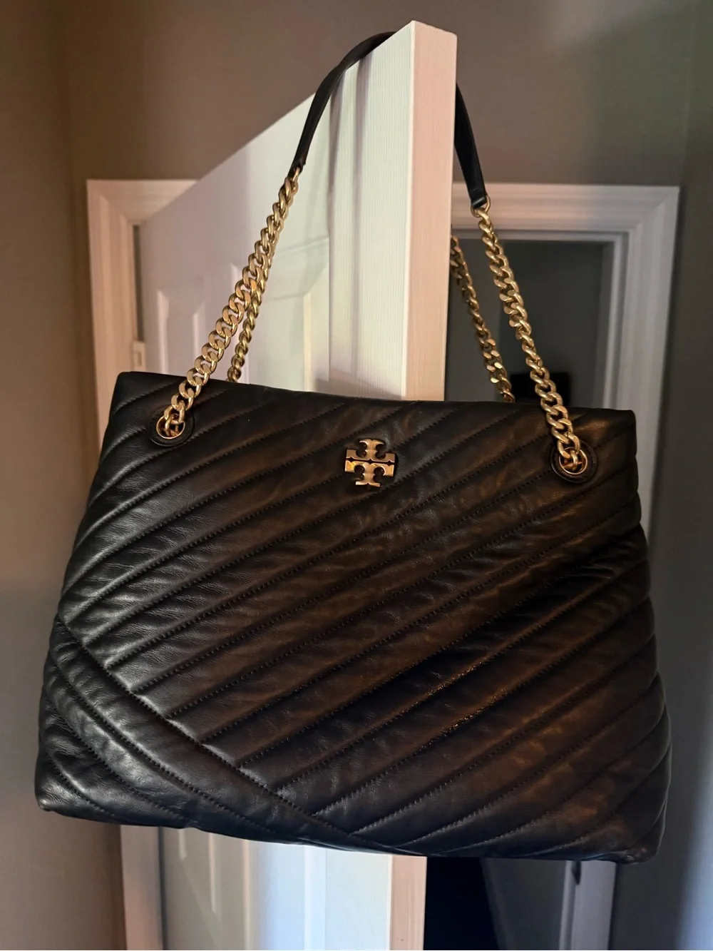 Tory Burch Black Quilted Leather Shoulder Bag with Gold Hardware